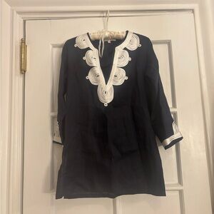 100% Linen Navy Blue and White Tunic Top